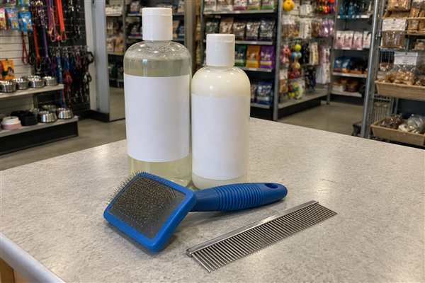 Shampoo, cepillo y peine para mascotas