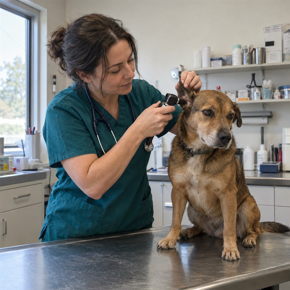 Imagen ilustrativa de una veterinaria examinando a un perro